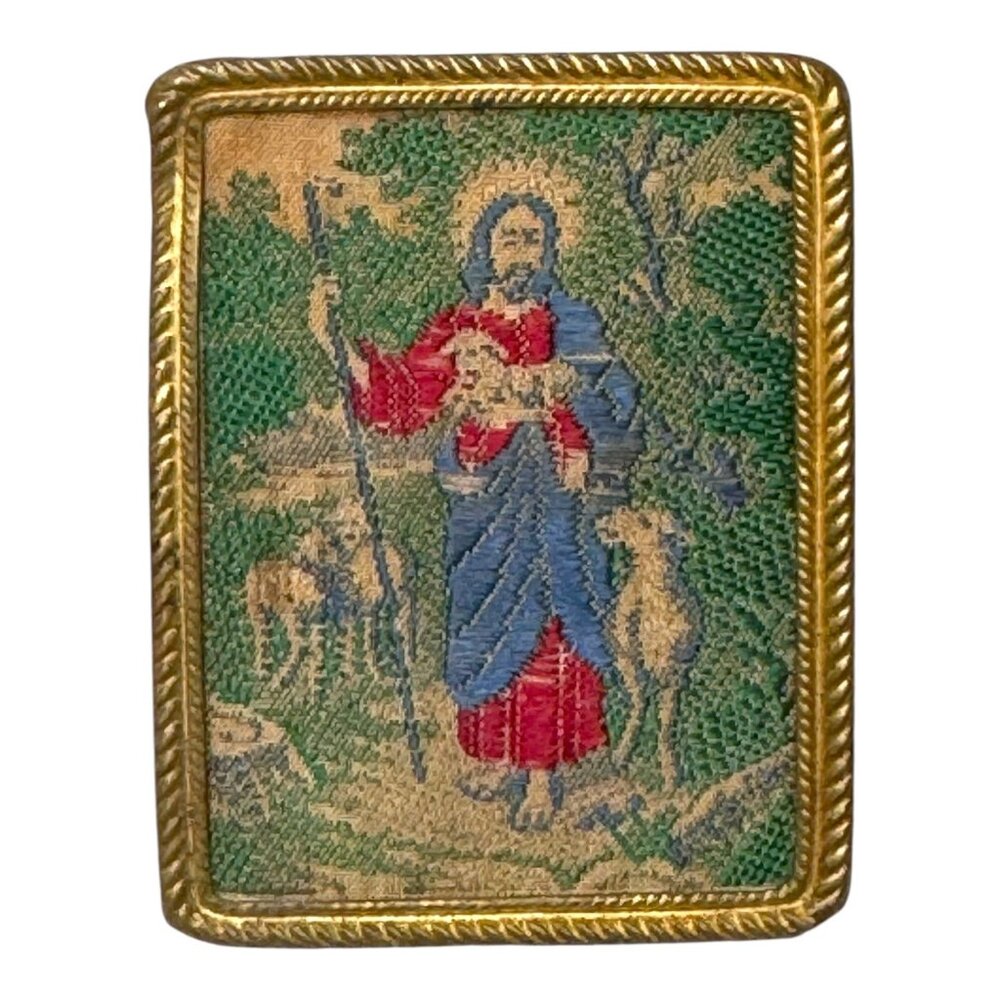 Vintage Religious Jesus Good Shepherd Embroidered Tapestry Brooch Pin Germany 2"
